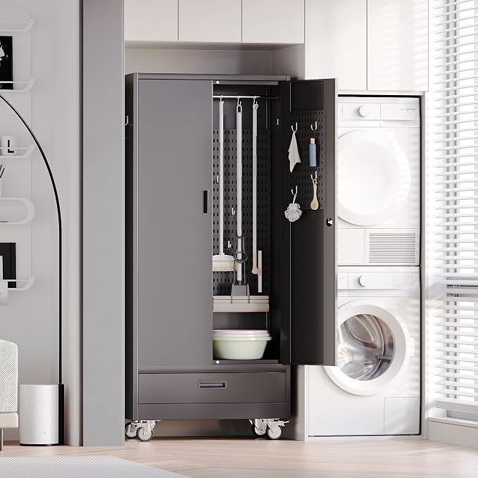 SUXXAN Broom Closet with Wheels 71"x 31.5"x15.75", Metal Cleaning Cabinets with - Image 7