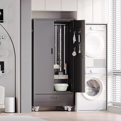 SUXXAN Broom Closet with Wheels 71"x 31.5"x15.75", Metal Cleaning Cabinets with - Image 7