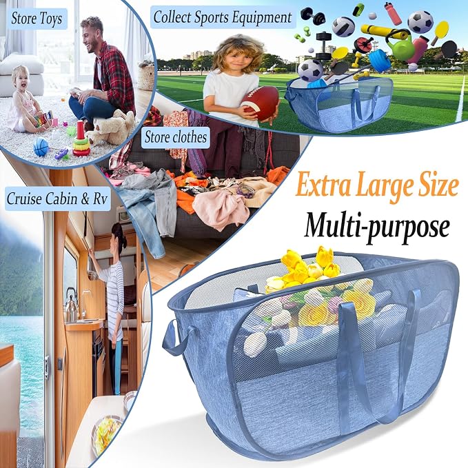 100L Collapsible Laundry Baskets 2 Pack, Extra Large Mesh Pop Up Laundry Hamper - Image 4