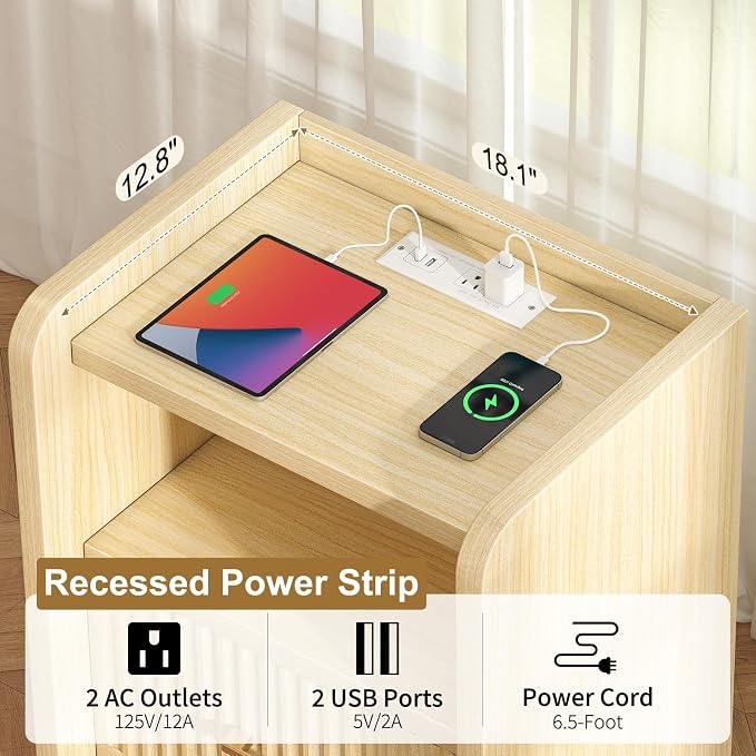 Night Stand with Charger Station, Fluted Nightstands Set of 2 with Drawer - Image 2