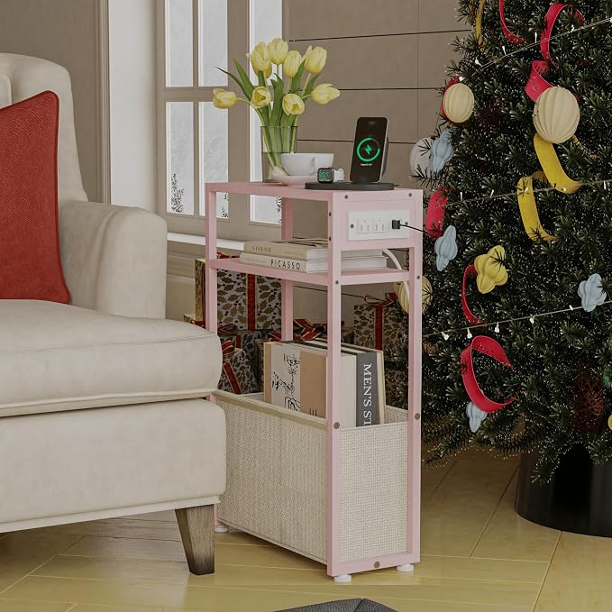 Pink Side Table with Charging Station, Slim End Tables with Linen Basket - Image 7