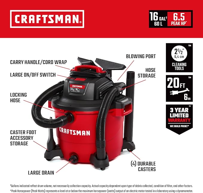 CRAFTSMAN CMXEVBE17595 16 Gallon 6.5 Peak HP Wet/Dry Vac, Heavy-Duty Shop Vacuum - Image 2