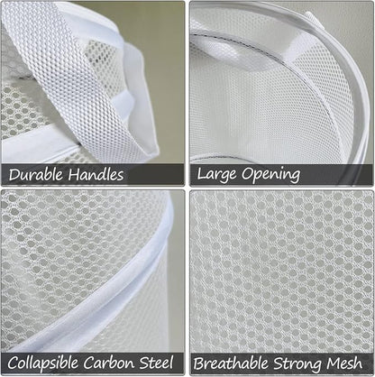 BATTOO 2 Pack White Large Collapsible Laundry Basket Foldable Mesh Pop Up Hamper - Image 4