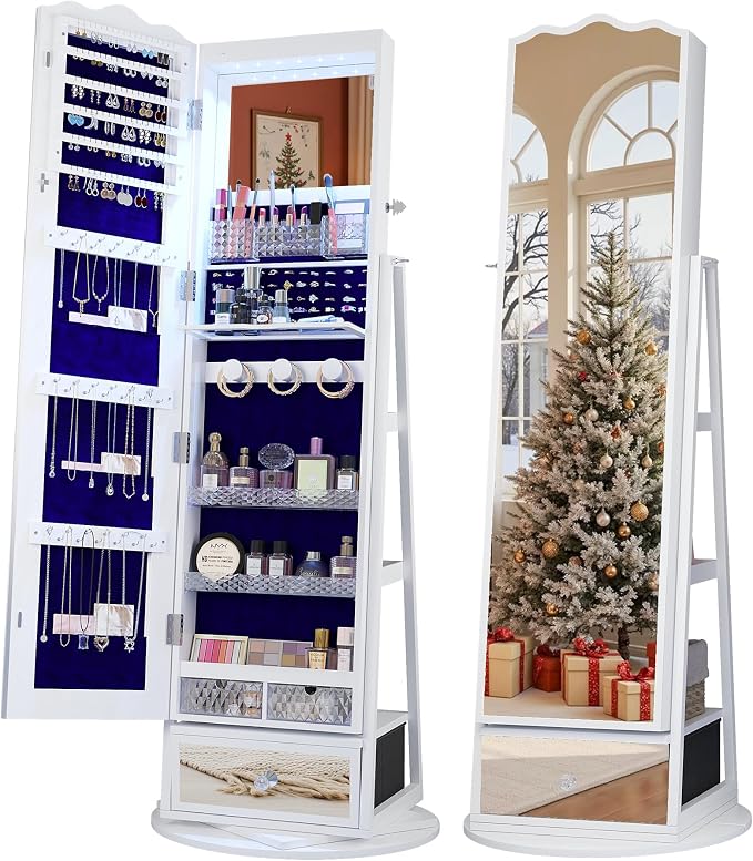 Full-Length Mirror Jewelry Cabinet Standing, 360° Swivel Jewelry Armoire by TAGELIER