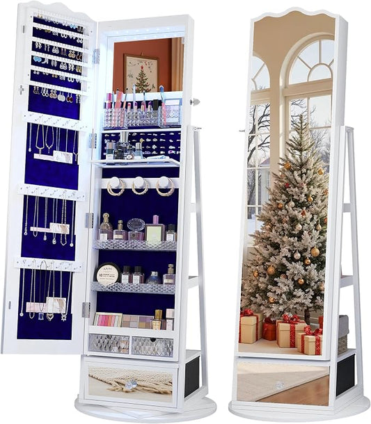 Full-Length Mirror Jewelry Cabinet Standing, 360° Swivel Jewelry Armoire by TAGELIER