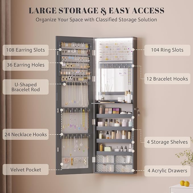 Vlsrka 47.2" LED Grey Jewelry Mirror Cabinet, Wall/Door Mounted Jewelry Armoire - Image 2