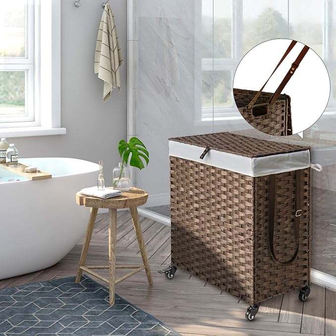 Greenstell Laundry Hamper with Wheels, No Install Needed, 110L Divided - Image 2