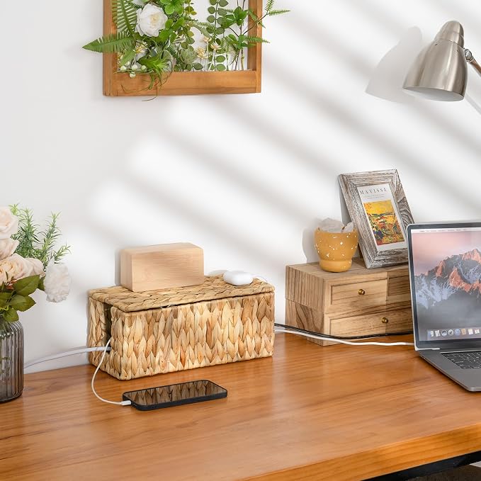 StorageWorks Cable Management Box, 2 Slots Wicker Cable Organizer to Hide Cords - Image 7