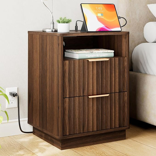 Fluted Night Stand with Charging Station, 2 Drawers End Table with Storage by FavourLife