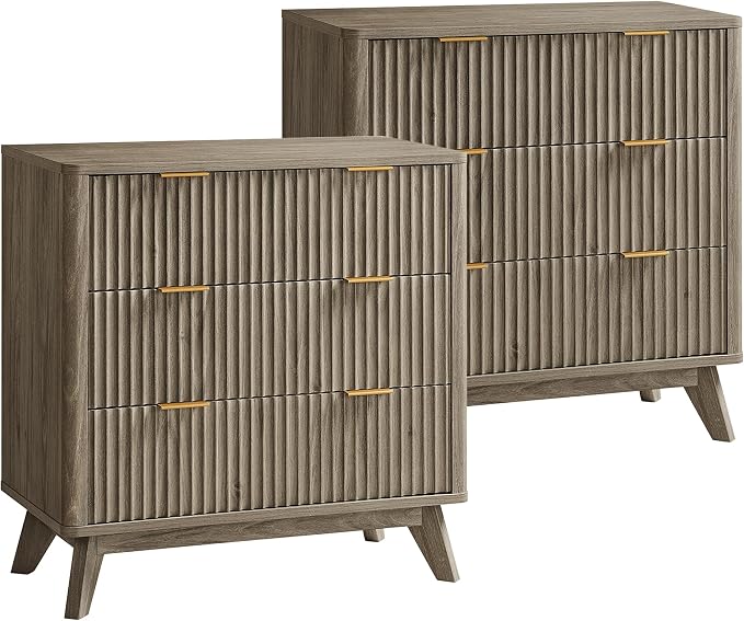 T4TREAM Fluted 3 Drawers Nightstand Set of 2, Oversized Extra Large Modern Side by T4TREAMFurniture
