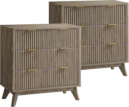 T4TREAM Fluted 3 Drawers Nightstand Set of 2, Oversized Extra Large Modern Side by T4TREAMFurniture