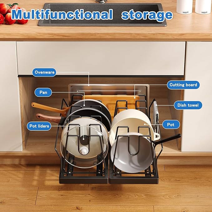 Pots and Pans Organizer Under Cabinet, 21.6" Deep Pull Out Pot Lid Organizer - Image 2