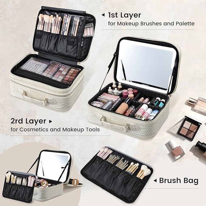 Makeup Bag with LED Lighted Mirror 12.2 IN Travel Double Layer Makeup Case - Image 3