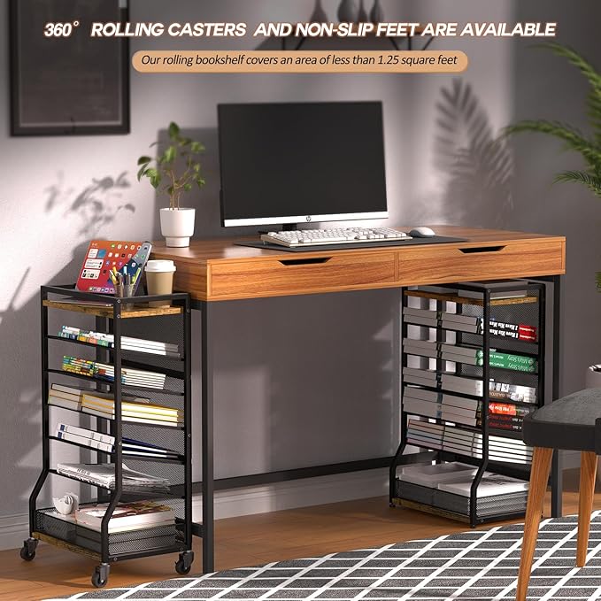 7 Tier Rolling File Cart with Sliding Trays, Wood Metal File Organizer Beside - Image 3