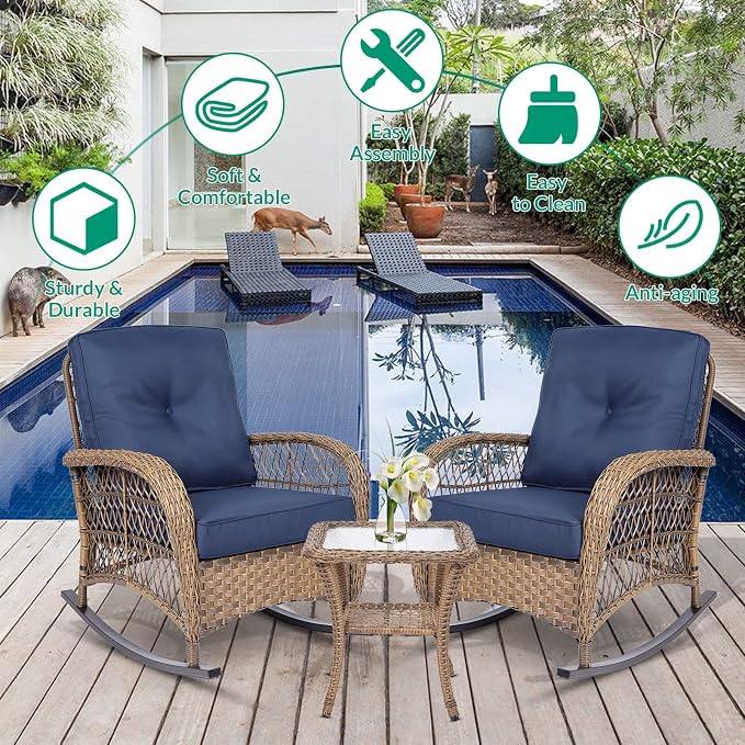 VIVIJASON 3-Piece Outdoor Conversation Bistro Set, Patio Wicker Rocking Chairs - Image 4