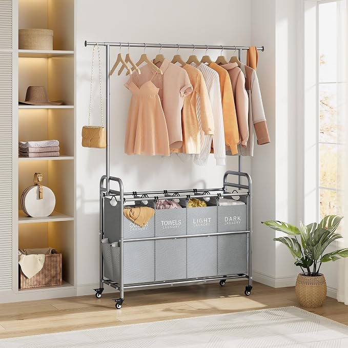 Tajsoon Laundry Sorter with Hanging Bar, 4 Section Rolling Laundry Hamper with - Image 8