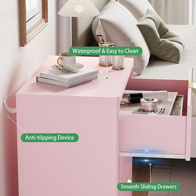 Fluted Nightstand with 3 Storage Drawers, Mid Century Modern Wooden Side Table - Image 6