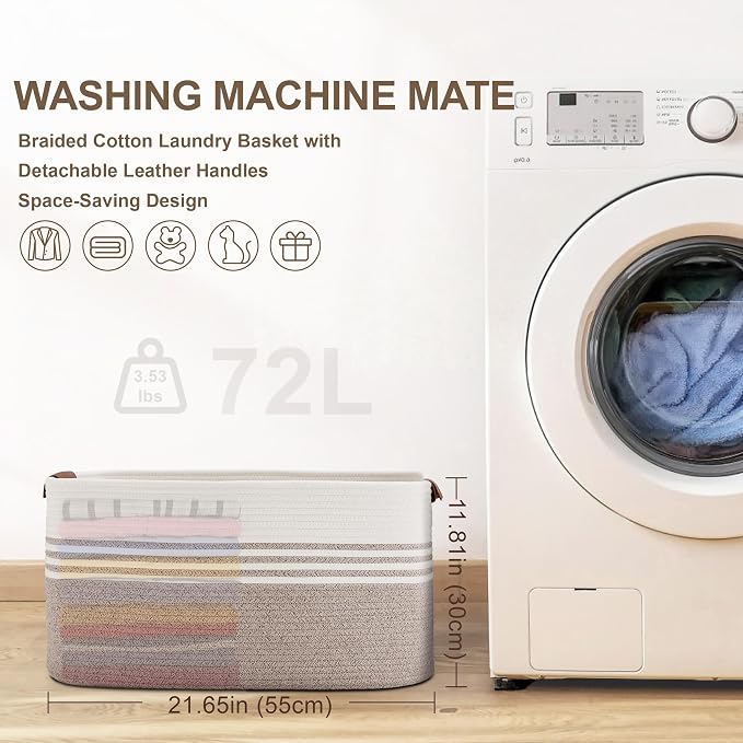72L Large Laundry Basket with Leather Handles - Image 7
