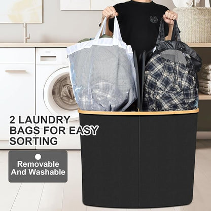 Large Laundry Hamper with Lid 205L, Collapsible 2-Section Dirty Clothes Basket - Image 3