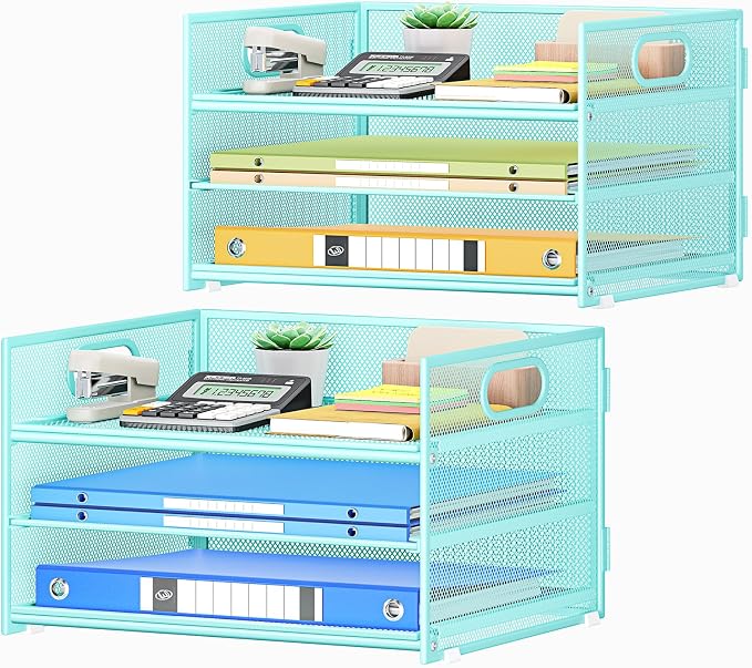 Subekyu 2-Pack 3-Tier Blue Metal Mesh Desk Paper Letter Tray & File Sorter by SUBEKYU