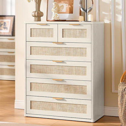 LEYAOYAO White Dresser for Bedroom, Modern 6 Drawers Boho Rattan Dressers - Image 6