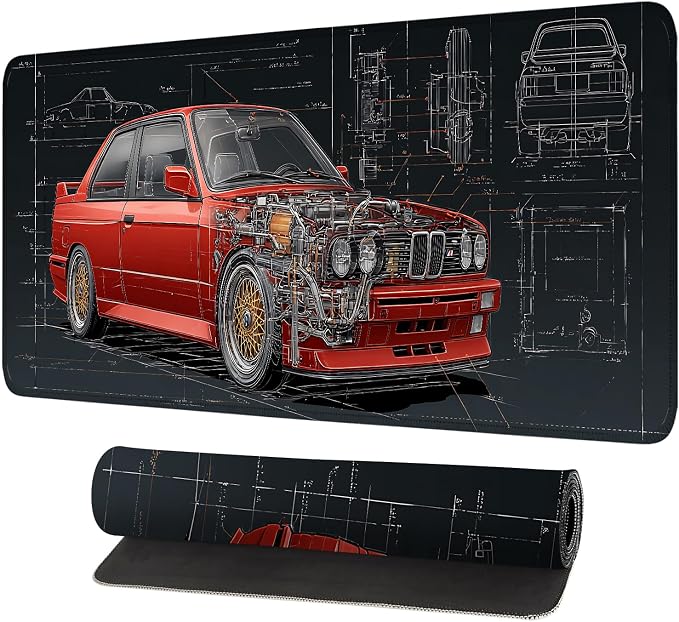 Retro Car Blueprint Mouse Pad – Large Extended Desk Mat 31.5 x 11.8 in – by LEIWEIHOPE