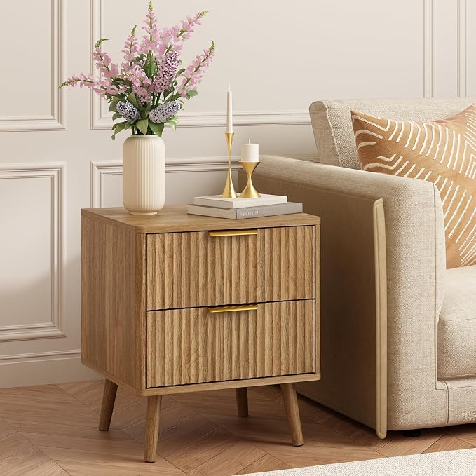 CARPETNAL Fluted Nightstand Set of 2, Walnut Bedside Table - Image 8
