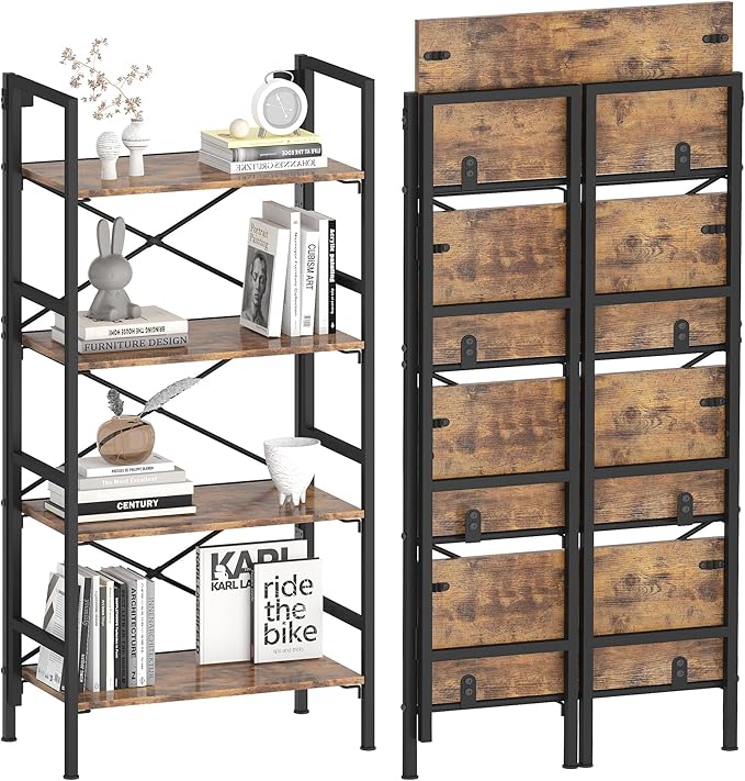Homeiju Folding Bookshelf, 4 Tier Bookcase Foldable Shelf by Homeiju
