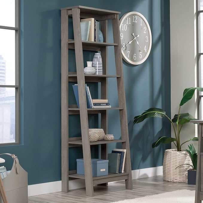 Sauder Ladder Bookshelf 5 Tier Trestle Ladder Shelf Wooden Bookcase, in Mystic - Image 2