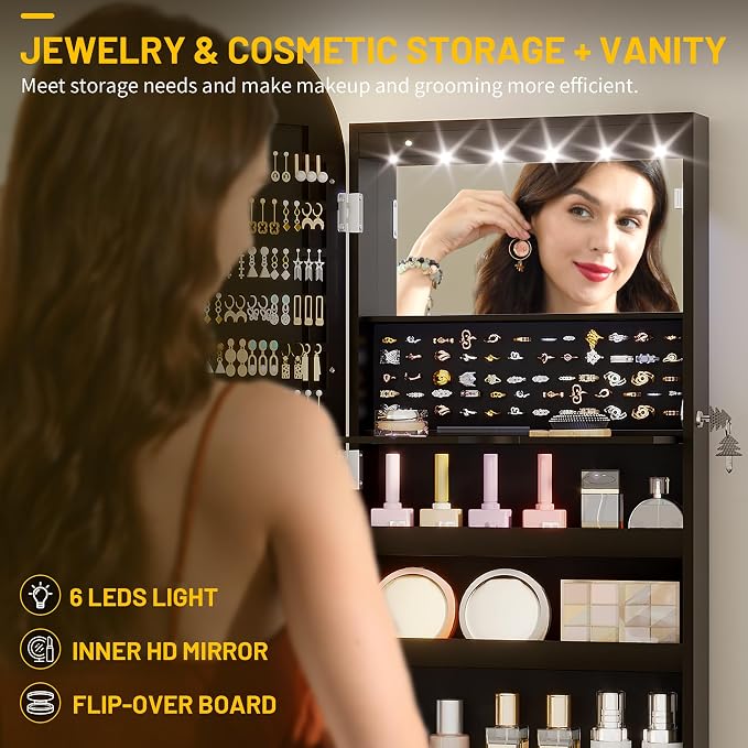 LVSOMT LED Mirror Jewelry Cabinet, Wall/Door Mount Jewelry Mirror Organizer - Image 7