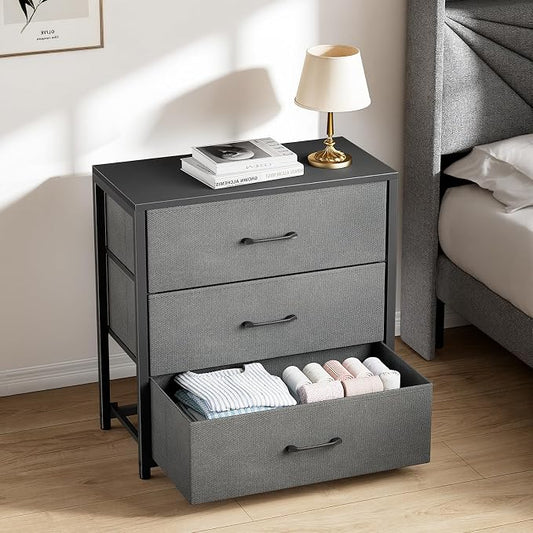 Nightstand with 3 Drawers for Bedroom, Storage Dresser with Fabric Drawers and by MEMOBARCO