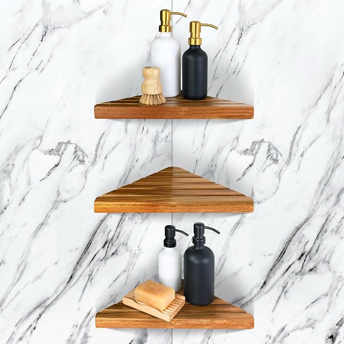 ENKEZI Acacia 2, 3 Tiers Corner Shower Shelf, Triangular Corner Shelf Wooden by ENKEZIProducts