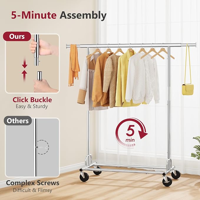 Tajsoon Clothing Rack Heavy Duty Clothes Rack Load 350 LBS, Rolling Clothes - Image 6