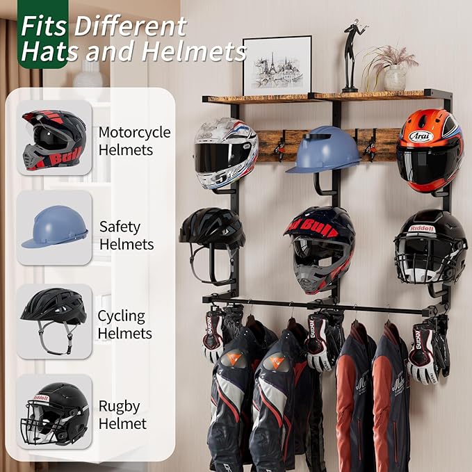 Motorcycle Helmet Rack with 6 J-hooks& 6 Clip Hooks – Wall Mounted Helmet - Image 2