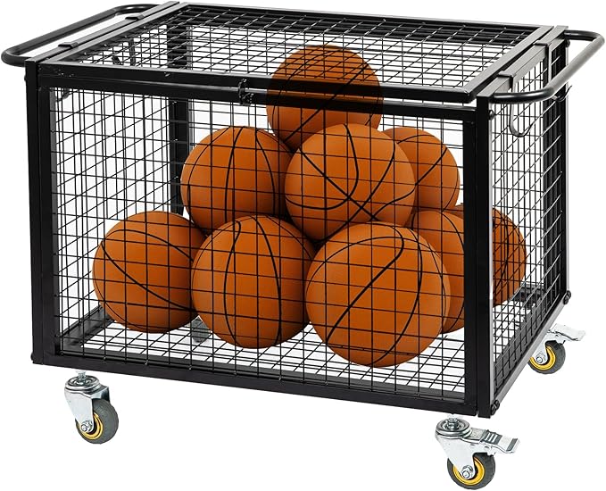 Metal Basketball Rolling Cart Sports Equipment Storage Wheel Basket Matte Black by EXOLIRY