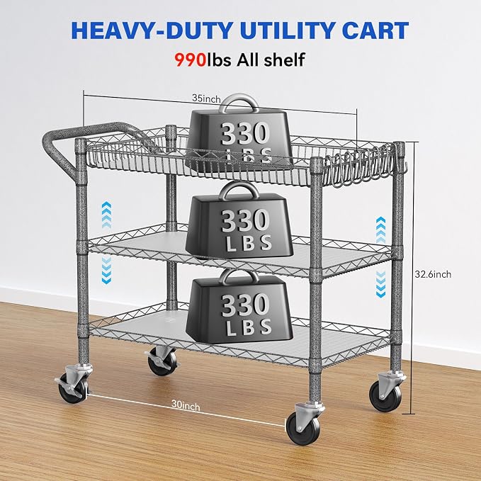 YNN Utility Rolling Cart, 990Lbs 3 Tier Heavy Duty Metal Cart - Image 2