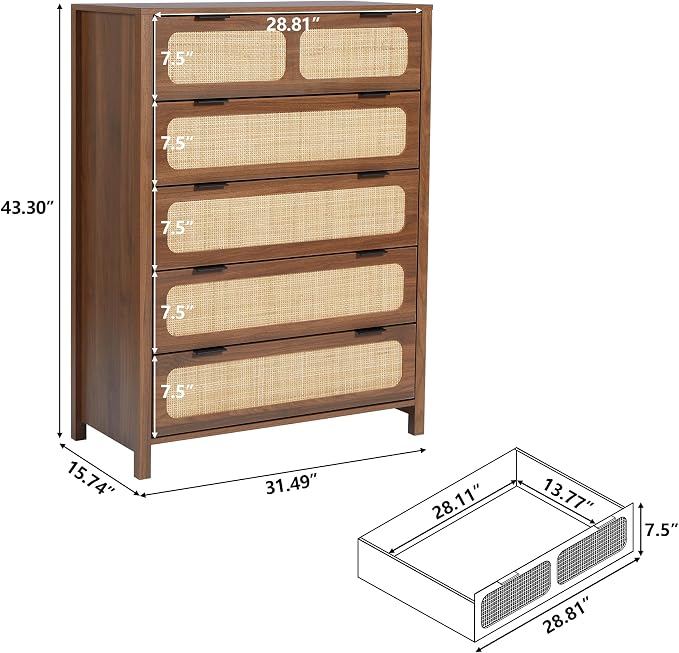 5 Drawer Dresser with Rattan Finish, Modern Farmhouse Chest of Drawers with - Image 2