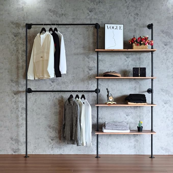 Industrial Pipe Clothing Rack, Wall Mounted Garment Black Wall Hanging Clothing by Anynice