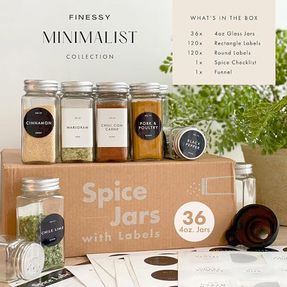Glass Spice Jars with Labels with Metal Lids and Shakers Minimalist 36 Pack Set - Image 3