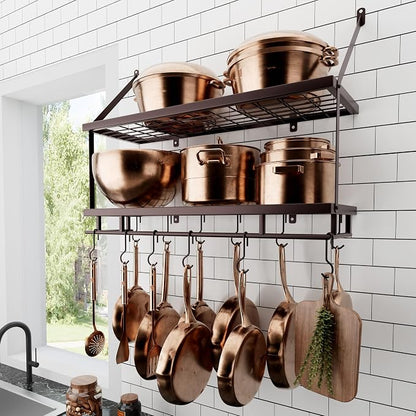 KES 30-Inch Oiled Bronze Pot Rack Wall Mounted, 2-Tier Hanging Pot and Pan by KES