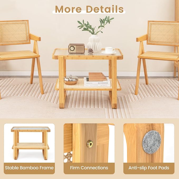 GOFLAME Bamboo Side Table with Glass Top, 2-Tier End Table with PE Rattan - Image 6