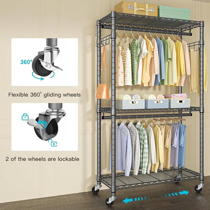 FUTASSI P1 Heavy Duty Garment Rack, 3 Tiers Adjustable Rolling Metal Closet - Image 5