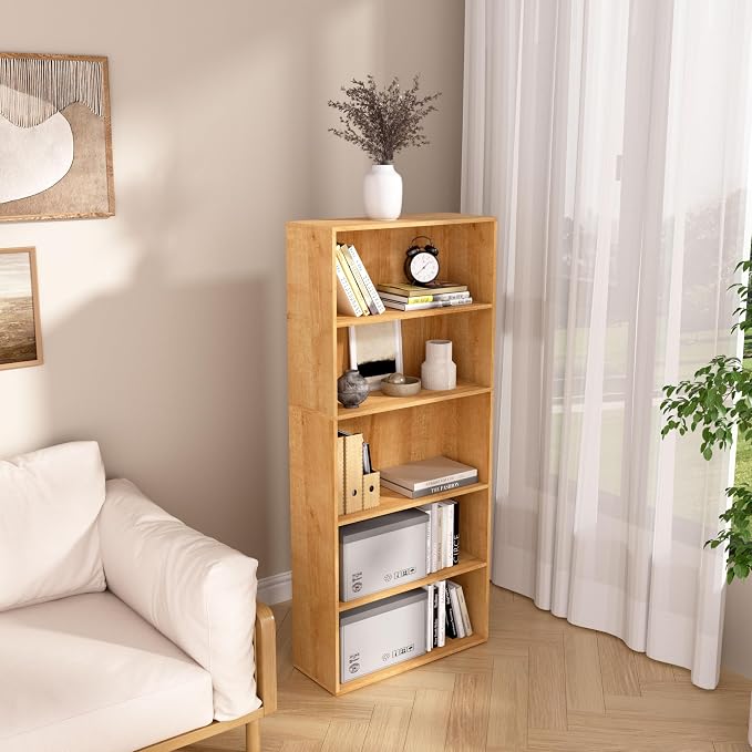5 Tier Book Shelf, Wooden 5 Cube Storage Organizer, 5 Tier Low Bookcase Storage - Image 6