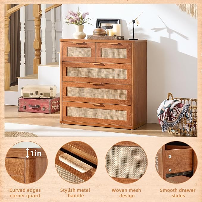 LEYAOYAO Rattan Dresser for Bedroom, 33.5" Tall Chest of Drawers, Modern 5 - Image 7