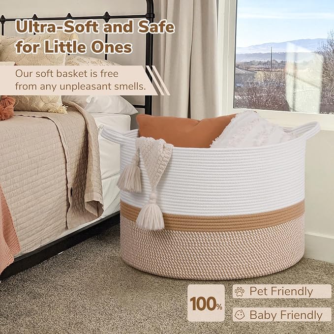 INDRESSME 115L Extra Large Cotton Rope Basket, Woven Baby laundry Blanket Basket - Image 5
