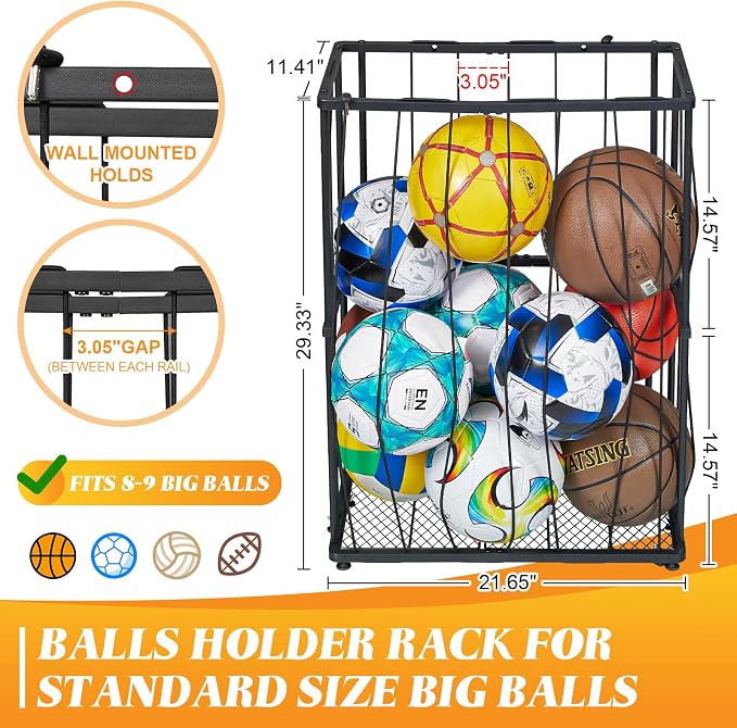 Garage Ball Storage Wall-Mounted & Floor Sports Equipment Organizer: Sports - Image 4