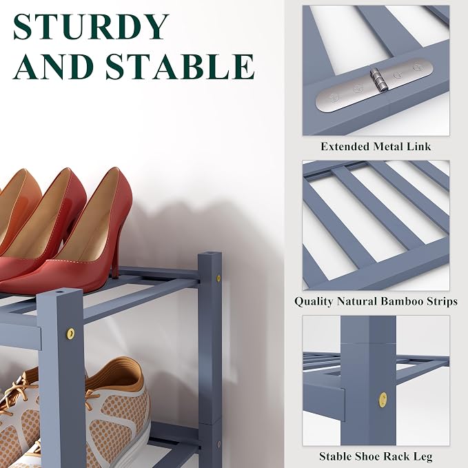 Smiry Bamboo Shoe Rack for Closet, 3 Tier Wooden Stackable Shoe Organizer - Image 3