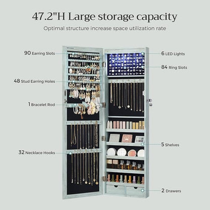 SONGMICS 6 LEDs Mirror Jewelry Cabinet, 47.2-Inch Tall Lockable Wall or Door - Image 5
