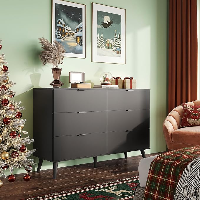 WLIVE Black Dresser for Bedroom, 47.24'' Wide 6 Drawer Wooden Dresser Storage - Image 2