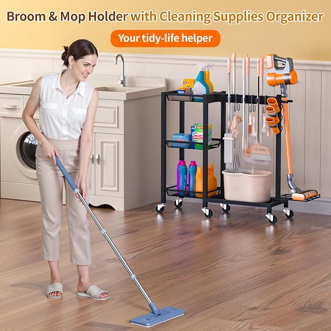 Broom Holder with Cleaning Supplies Organizer Load 350 LBS Cleaning Cart with - Image 7
